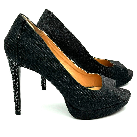 THALIA SODI Women's 8.5 Lenna Black Beaded High Heels Pumps Peep‎ Toe Vegan Glam - Picture 1 of 10